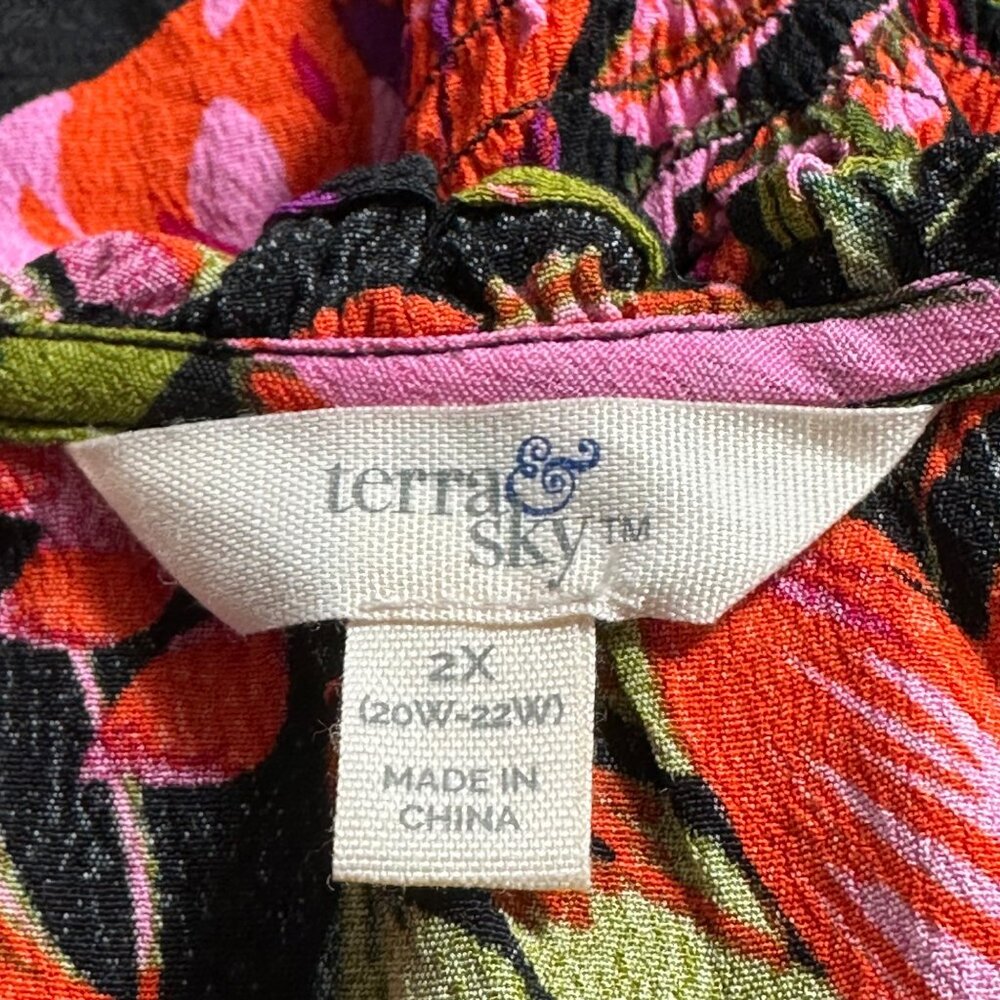 Terra & Sky 2X (20-224) Peasant Blouse Tropical Puff Sleeve Boho Hippie Floral - Picture 3 of 7